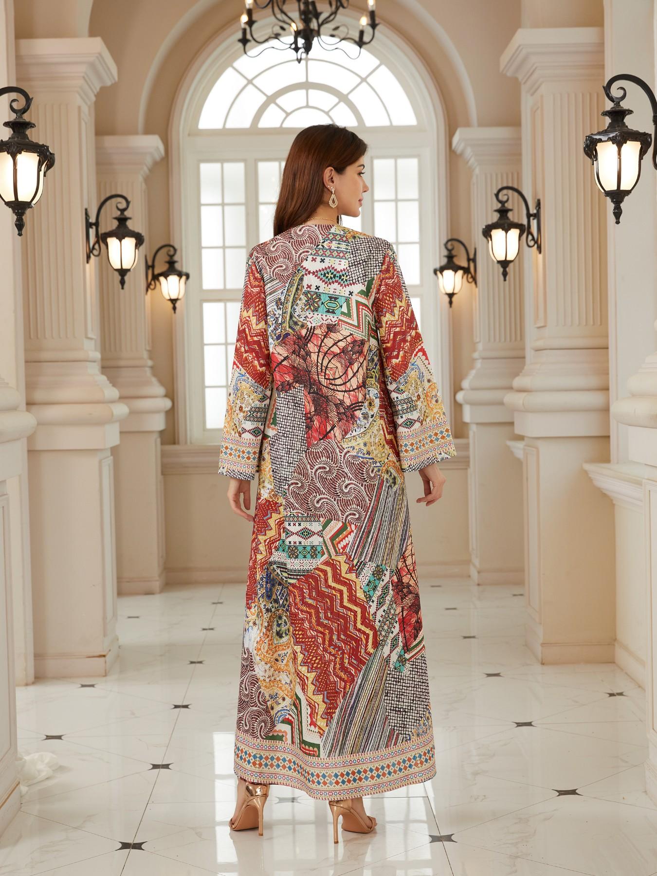 Middle Eastern Ramadan Women's Multi-Color Patchwork Paisley Rhinestone Long Robe, Dubai Style Festival Evening Gown Kaftan Abaya Dress