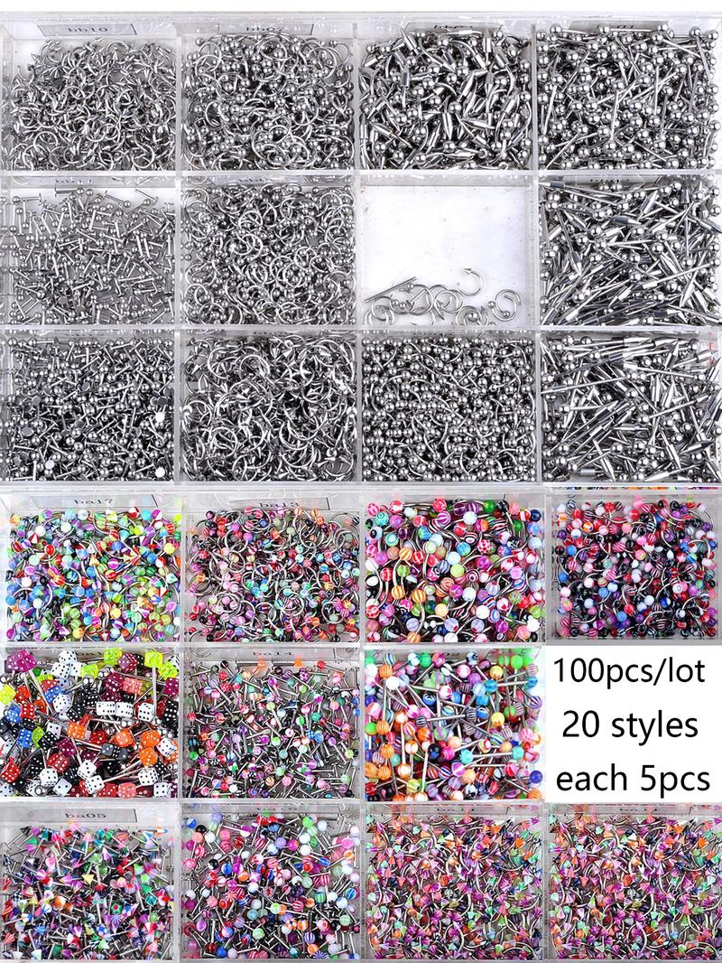 100pcs Stainless Steel Body Jewelry Set, Belly Rings Tongue Piercings Eyebrow Nose Lip Studs, 20 Models, Casual Colorblock Style, Nose Piercings Kit