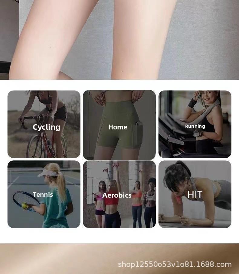 New pocket sharkskin leggings for women, anti-exposure, three-quarter length, high-waisted safety pants, tummy control, slimming yoga shorts