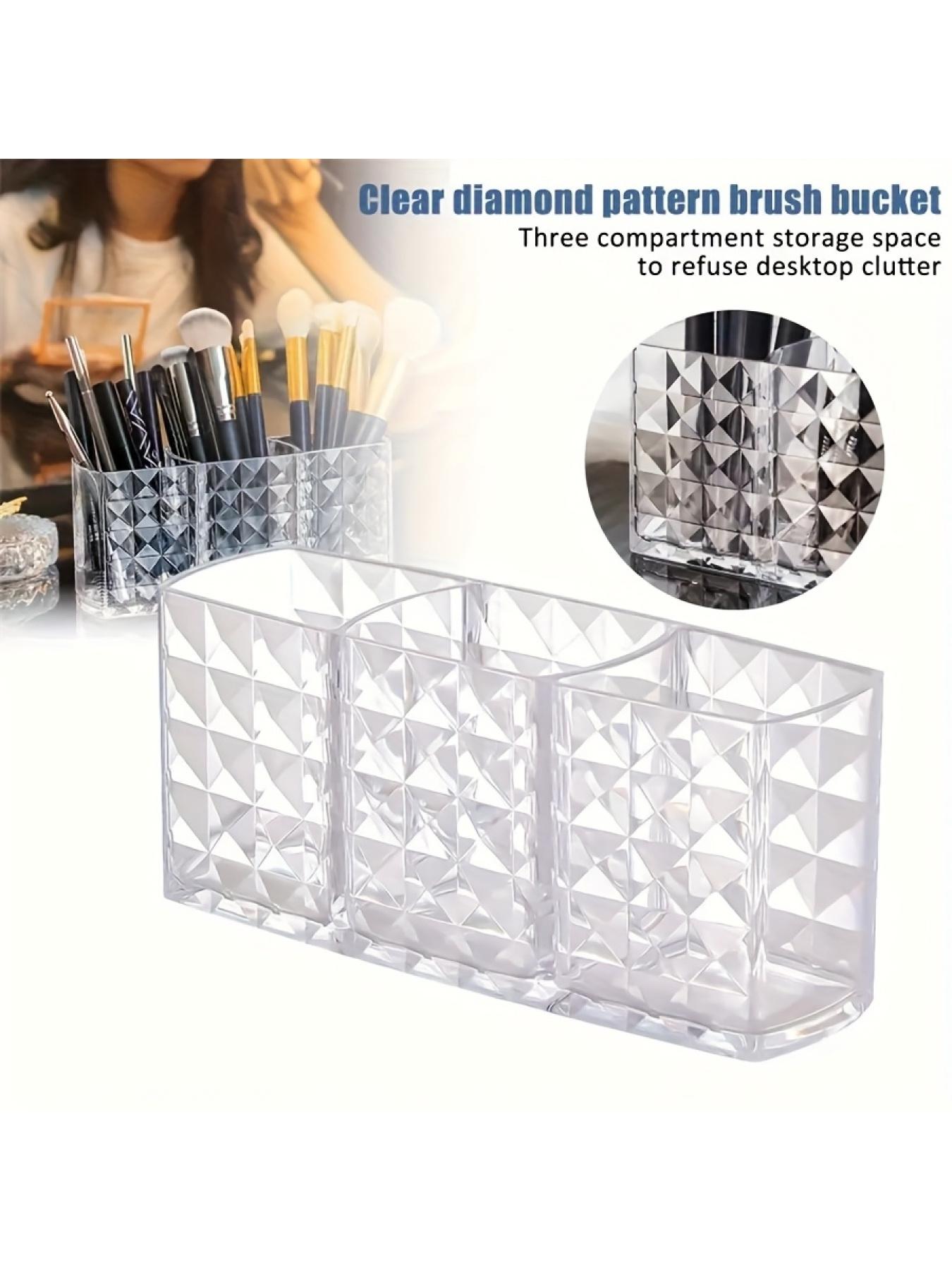 Large Capacity Clear Divided Makeup Brush Organizer - No Assembly Required, Lightweight Stable Base, Geometric Pattern Polished Surface, Storage for Lipsticks, Eyeshadows, Cosmetics & Skincare, Perfect for Vanity & Bathroom Countertop