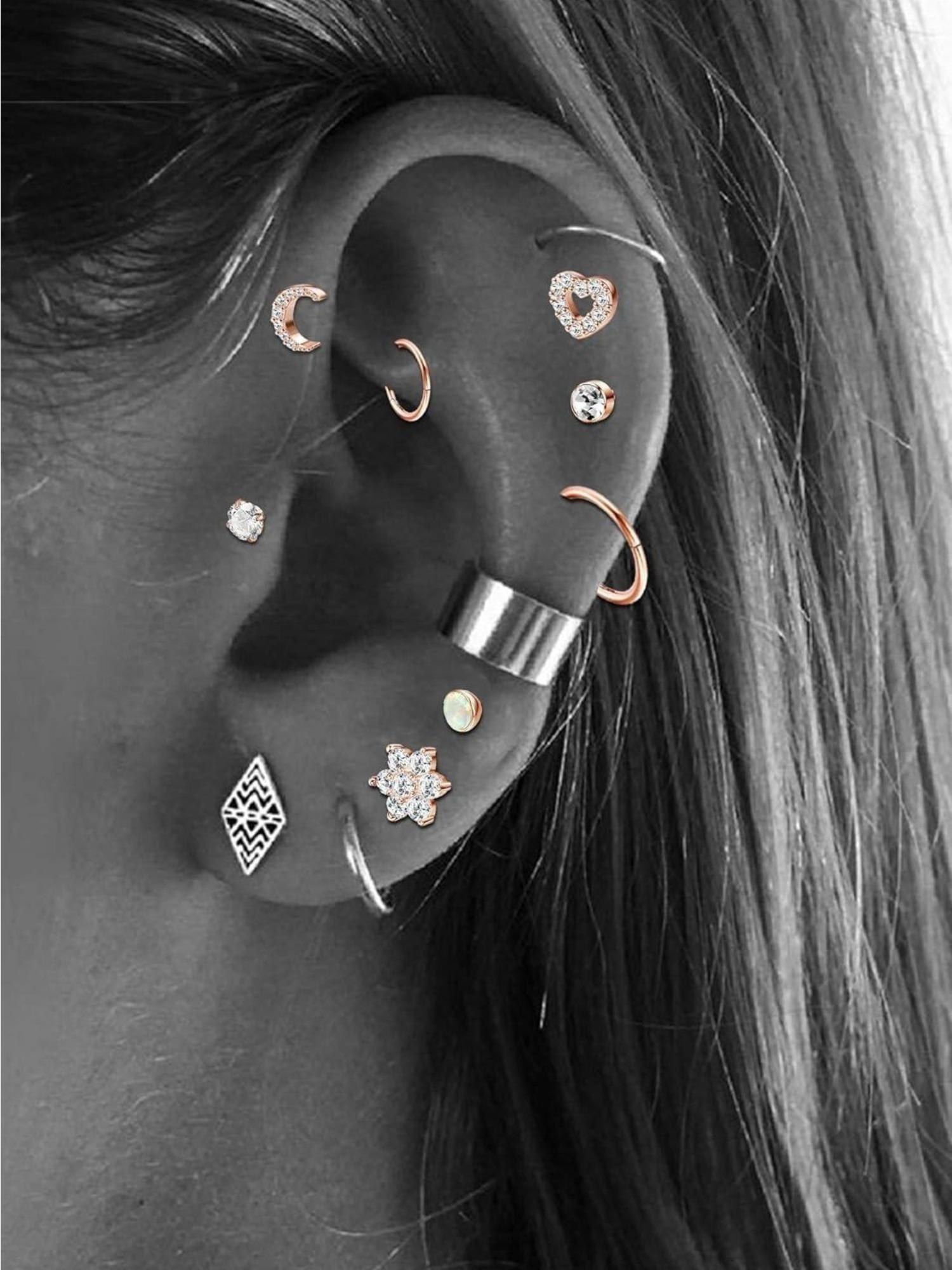 9 Pcs Aesthetic Rose Golden Piercing Pack Cute Heart Moon Flower Design with CZ Opal Hypoallergenic Stainless Steel Labret Studs Cartilage Hoops Must-Have Body Jewelry for Daily Festival Outfits