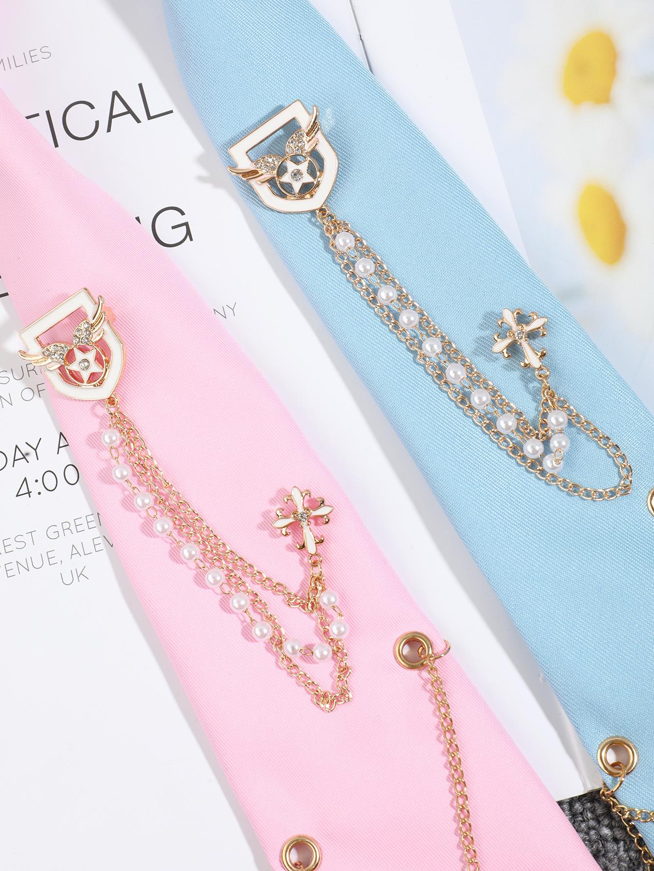 Nylon Pull-On Pre-Tied JK Uniform Necktie, Light Blue Lazy Neck Tie with Cross Badge, Faux Pearls and Gold-Tone Chain Details, INS Trendy Academia Collar Accessory for Shirt Matching, Pull-On Tie