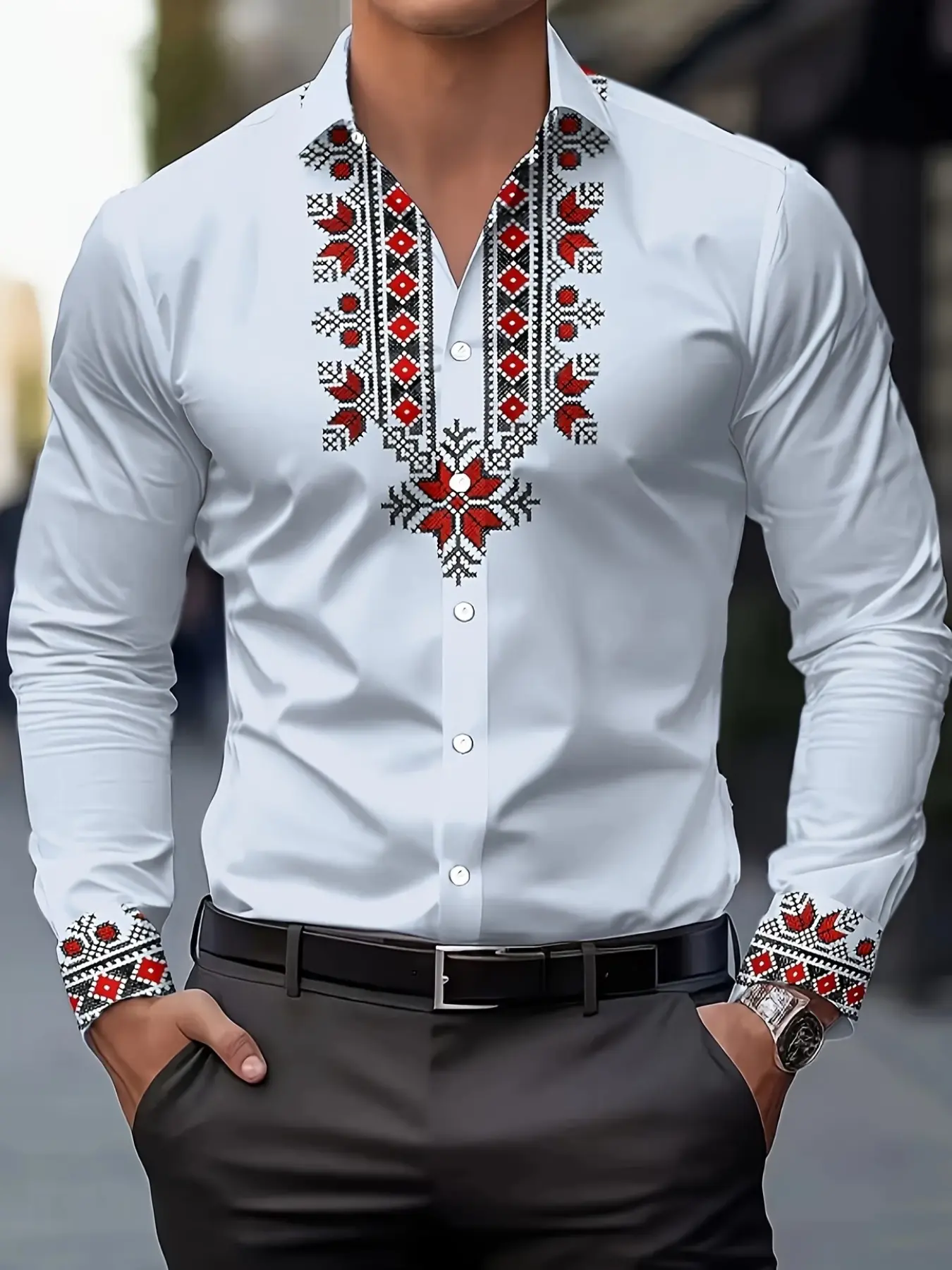 Men's Ethnic Long Sleeve Shirt, Vintage Geometric Print, Business Casual Collared Slim Fit Blouse, All Seasons Wear