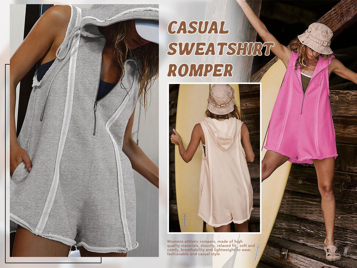 Ommig Short Half Zipper Sports jumpsuit for Fitness Outdoor Leisure Sleeveless Loose Hoodie for Women