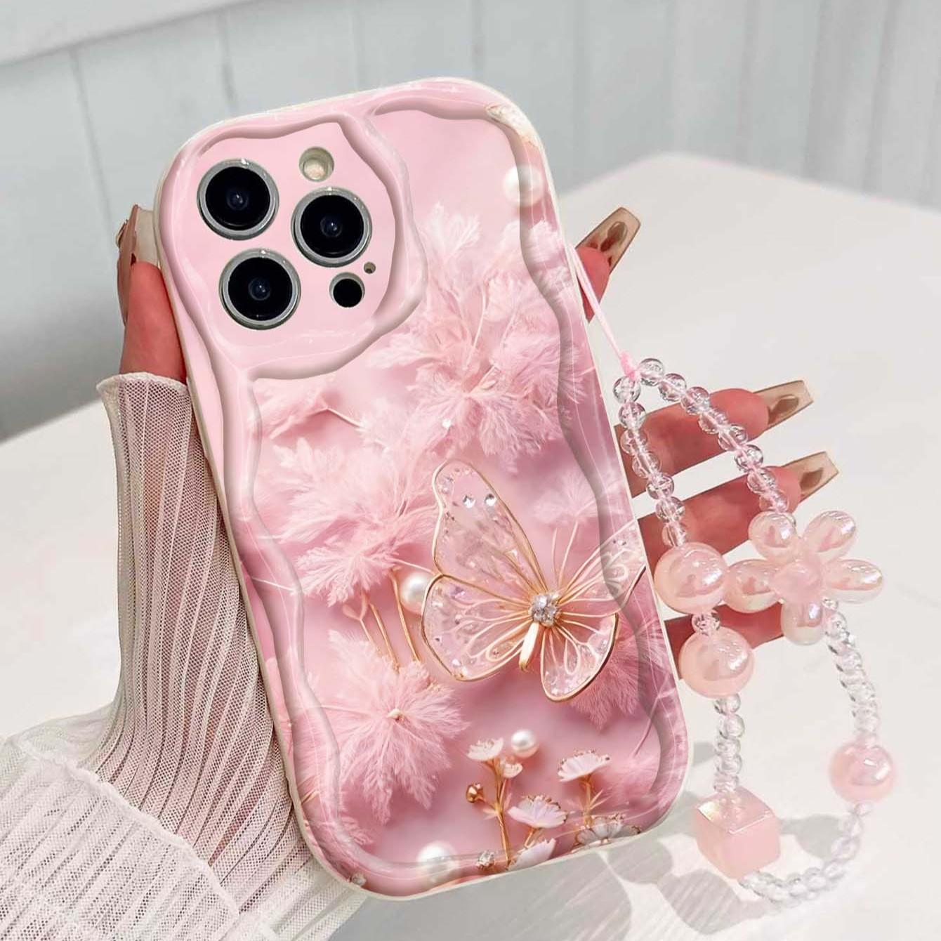 Butterfly Pearl Strap Pattern Tpu Wave Edge Anti-Drop Phone Case for Apple iPhone 17 Pro Max/16/16 Pro Max/11/13/14/15, Girl's Festival Gift