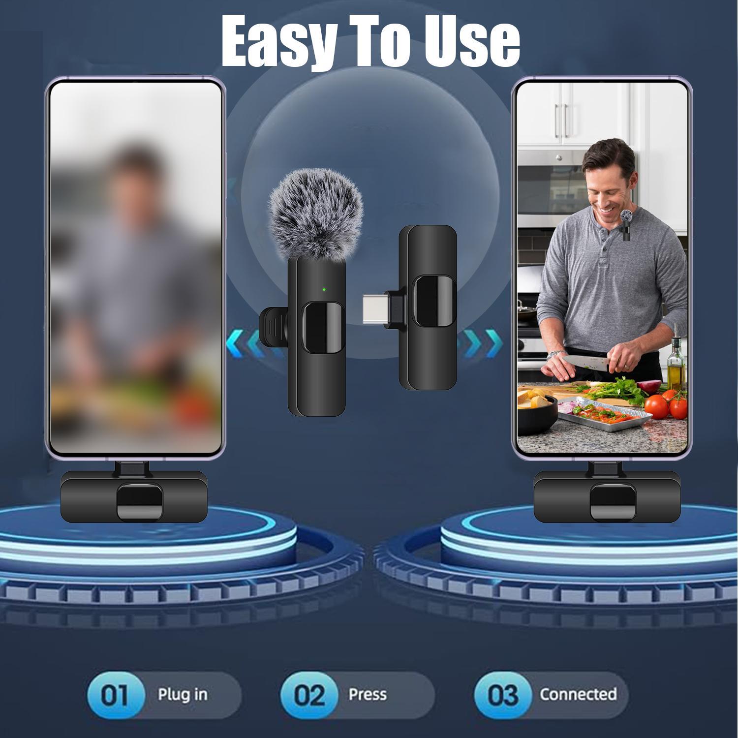 Wireless Lavalier Microphone for iPhone iPad TypeC Lapel Mics Plug-Play 2.4G Ultra-Low Delay Noise Reduction Chip Working Time for Video Recording Interview Podcast Vlog