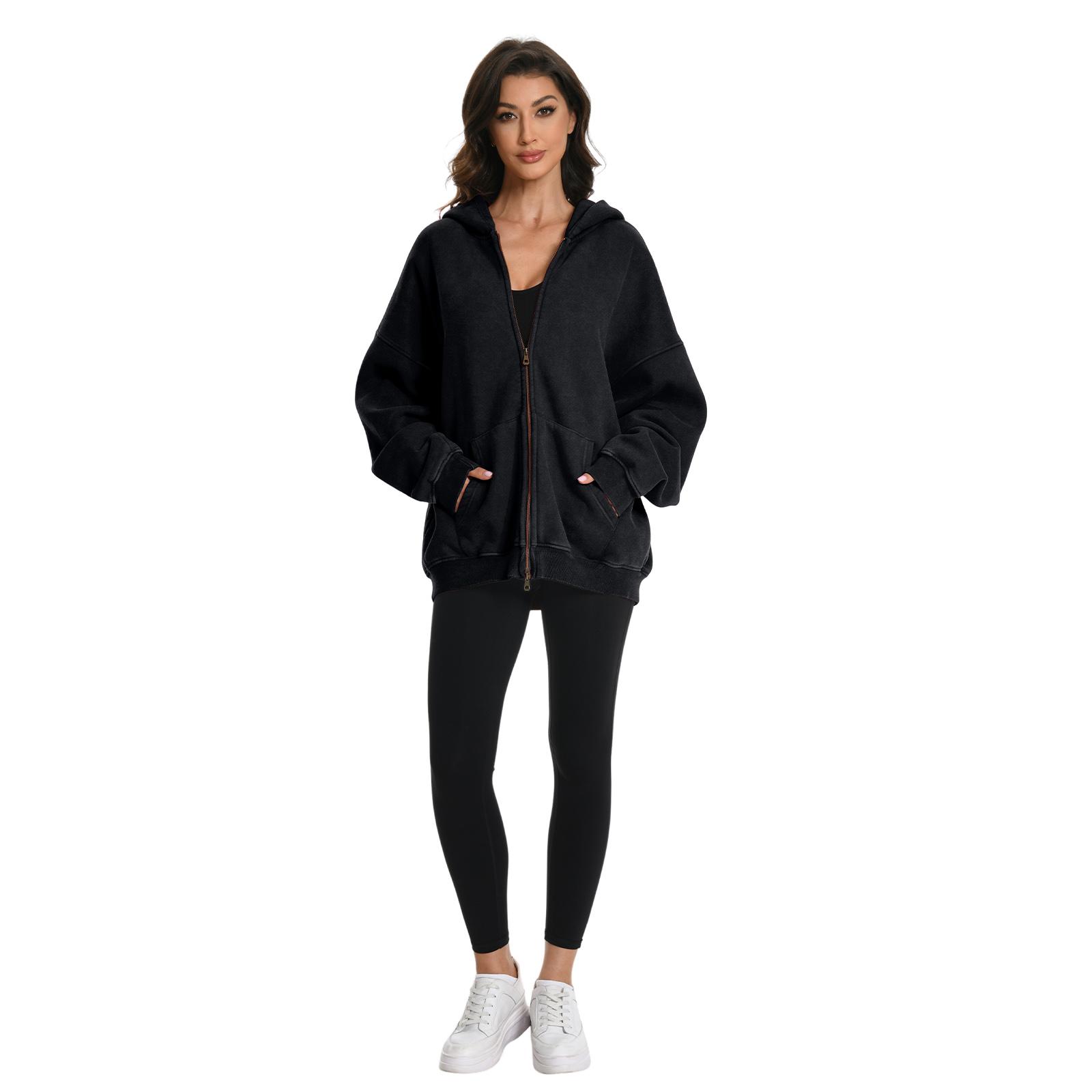 FAIABLE Unisex Oversized Acid Wash Sweatshirt with Double Zipper – Soft Fabric Washed Long Sleeve Pullover for Ultimate Comfort and Vintage Style – Minimalist Tops Perfect Basic Hoodie for Every Casual Occasion