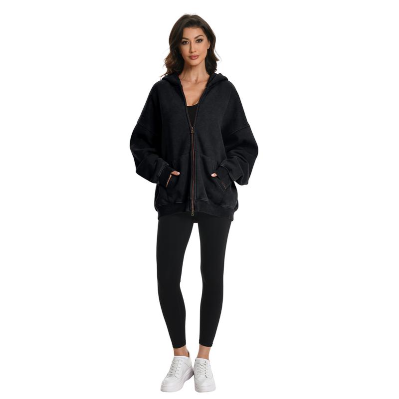 FAIABLE Unisex Oversized Acid Wash Sweatshirt with Double Zipper – Soft Fabric Washed Long Sleeve Pullover for Ultimate Comfort and Vintage Style – Minimalist Tops Perfect Basic Hoodie for Every Casual Occasion