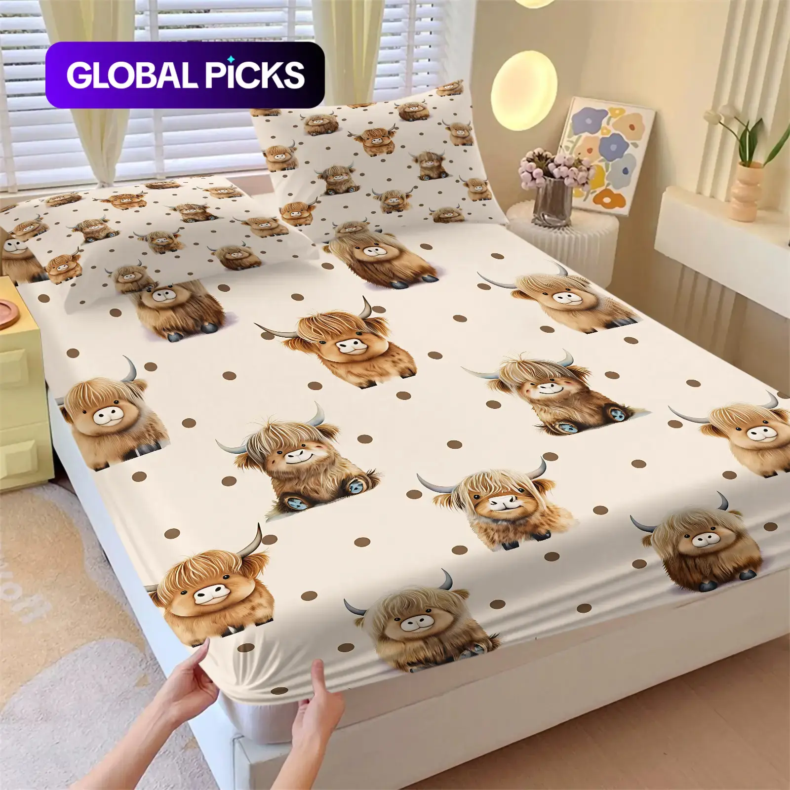 Cute Highland Cow Brown Polka Dot Print Fitted Sheet Set, 1 Fitted Sheet & 2 Pillowcases, Farm Animal Print Girly Cottagecore Bedding Set All Size, Soft Breathable Deep Pocket Mattress Cover For Girls & Kids Home Decor, Cute Sheets #GLOBAL PICKS