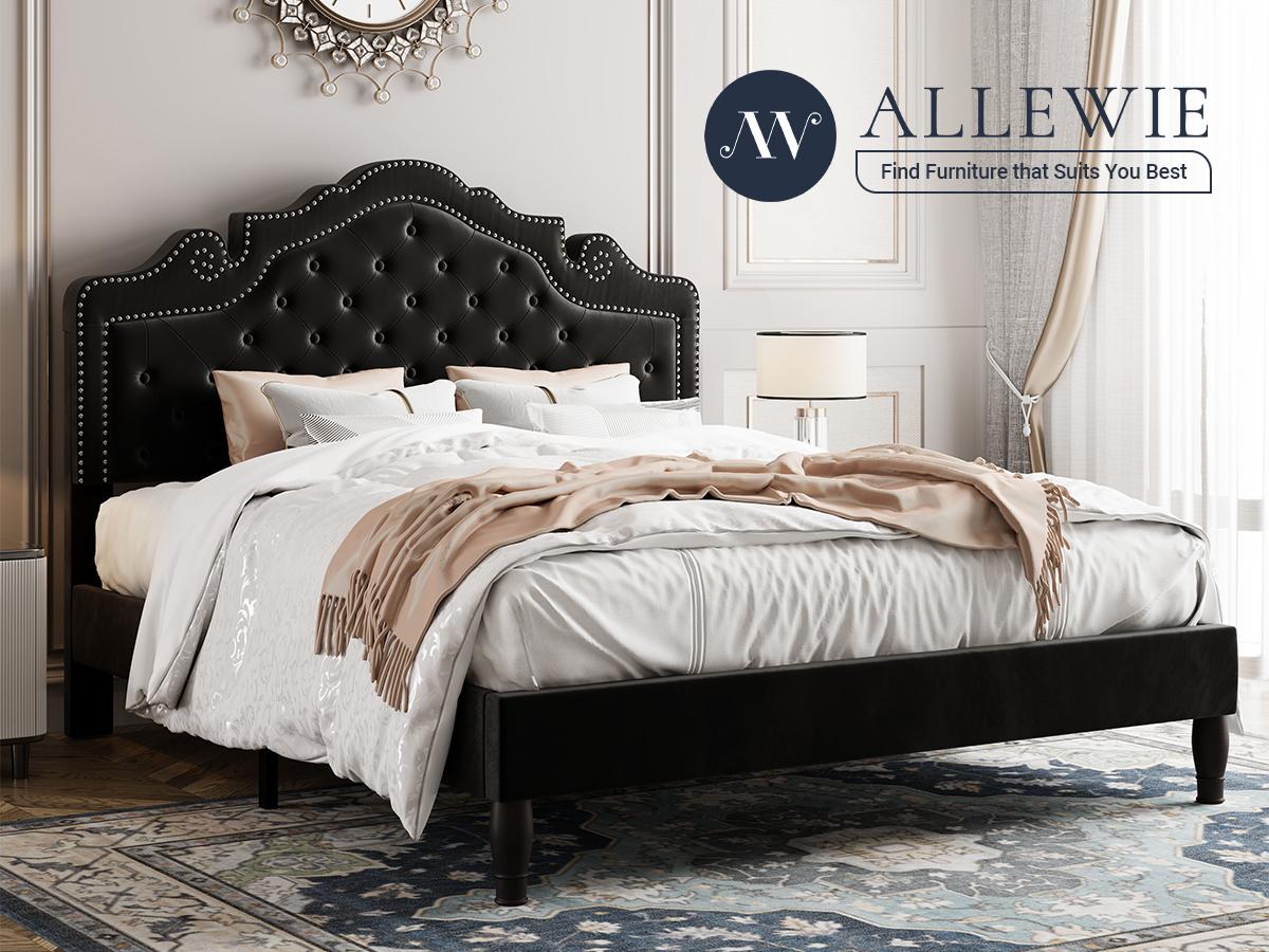 Allewie Full/Queen/King Velvet Upholstered Bed Frame - 【Frame Only No Mattress】Adjustable Tiara Headboard with Diamond Button Tufting & Wood Slats, Black, #TikTokShopBlackFriday #Christmas Gifts