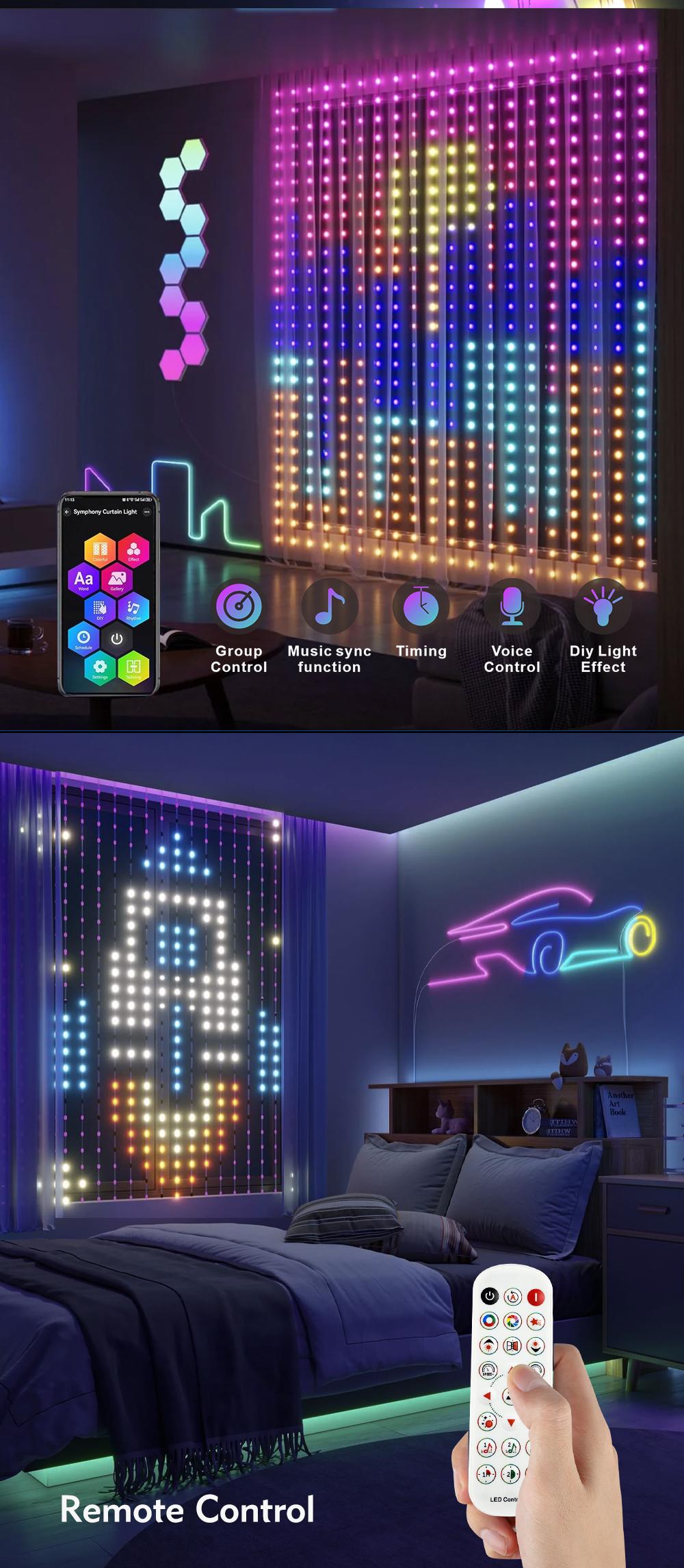 Smart LED RGB Curtain Light, 16 Million Colors, APP Control DIY Pattern & Picture Upload Atmosphere Lamp, IP67 Spherical String Holiday Party Lights For Indoor and Outdoor Window Decoration