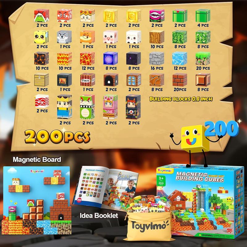 200PCS Magnetic Blocks Toys with Storage Bag Magnetic Board Sensory Toys Stacking Blocks, Build Mine Magnet World Birthday Gifts