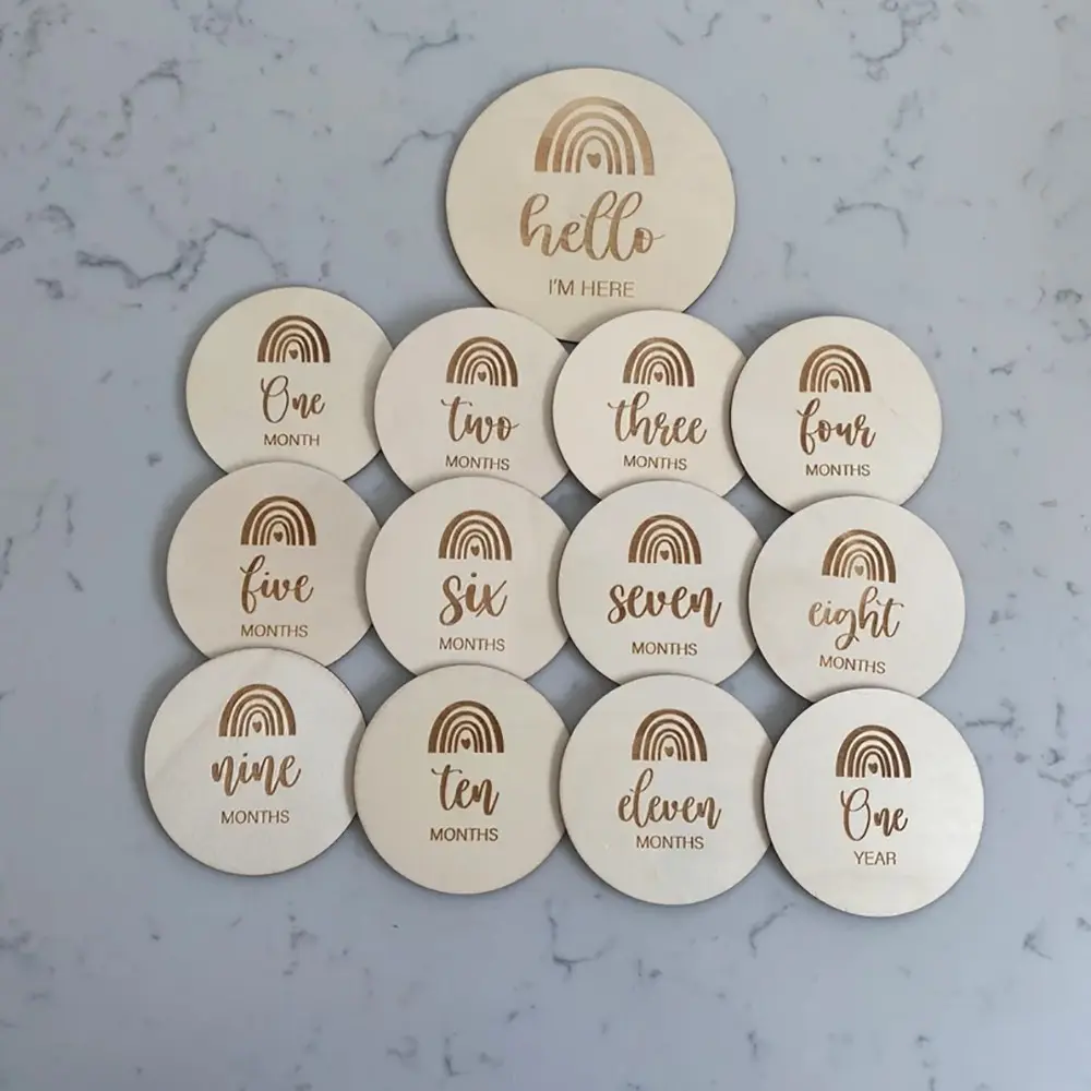 Boho Rainbow Hello World 1-12 Month Monthly Milestone Disc boy or girl Baby Shower Gender Reveal New Mom New parents Gift Newborn 1st First Year Monthly Photo Markers Photo Props Birth Announcement Card