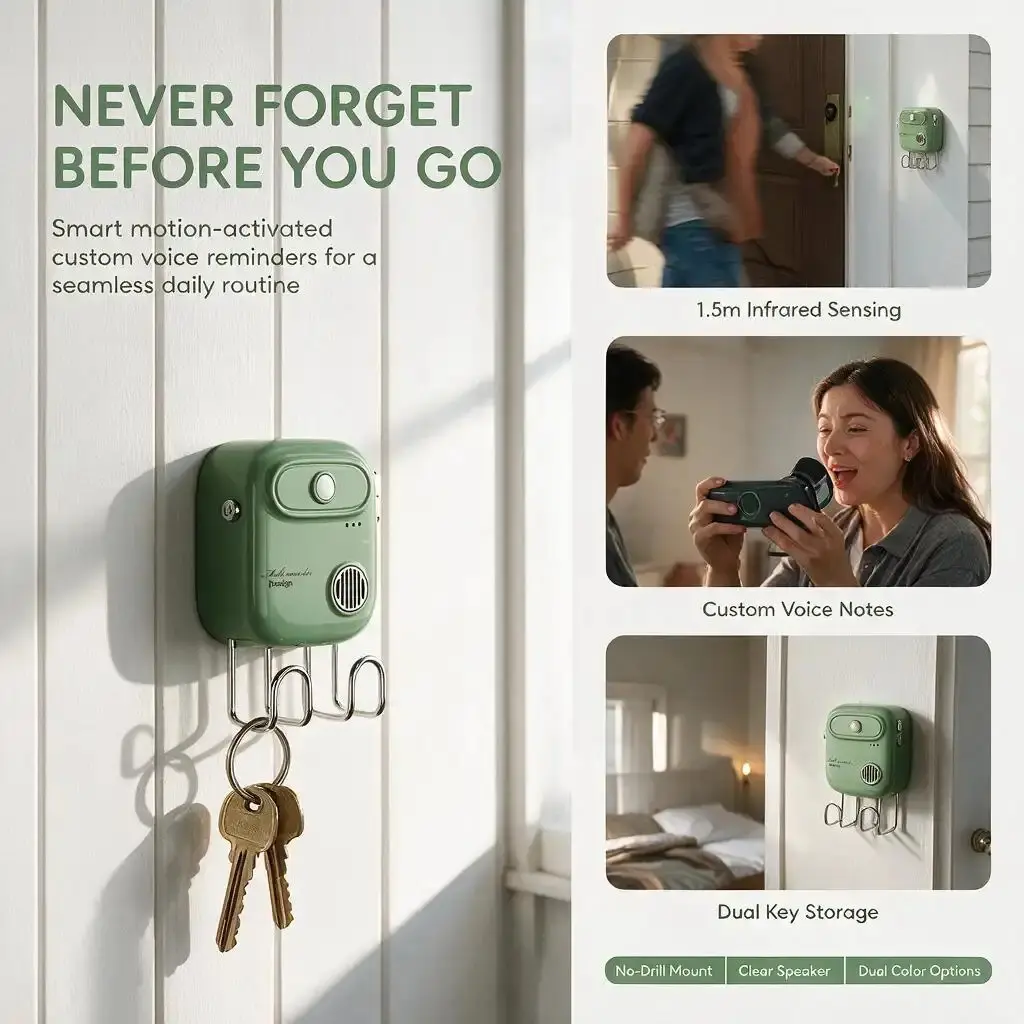 Smart Voice Reminder with Motion Sensor Custom Recording Door Alert Key Holder for Home Elderly Care Indoor Security Alert System for Front Door Hallway Bedroom Kitchen Caregiver Alert for Seniors Fall Reminder Hands Free Voice Prompt for Home Safety