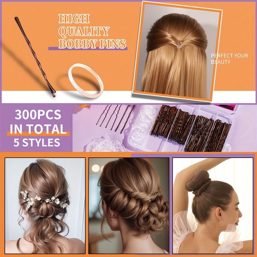 300 Piece Hair Clip Set with Box, Includes 100 Women's Clips, 100 Transparent Bands, 100 Metal U-Shaped Pins, Ideal for Braids and Thick Hair