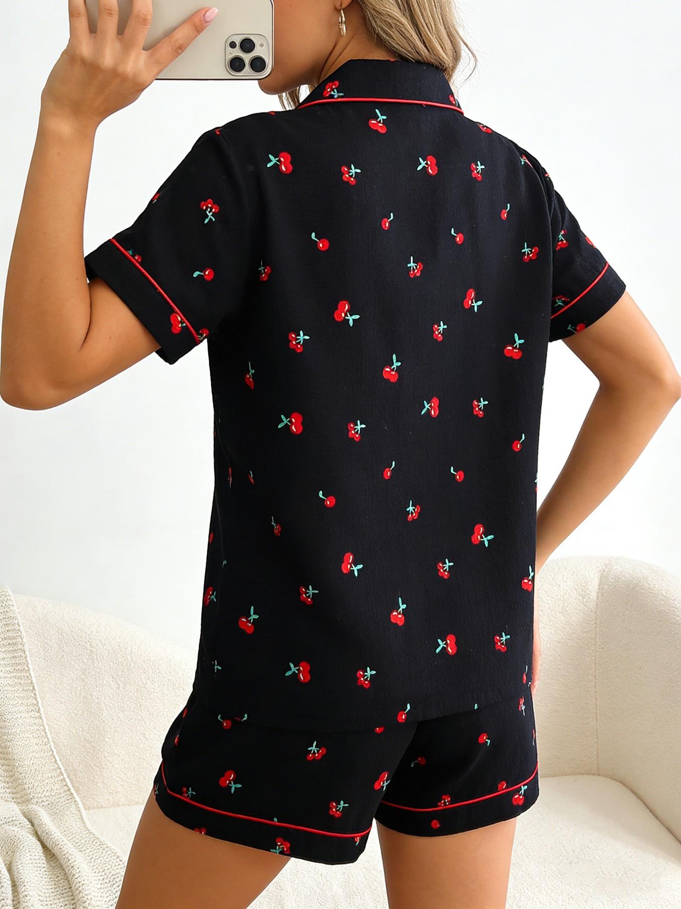 Women's Short Sleeve Button Down Top and Shorts Pajama Set, Spring Summer Wear, For Sweet Cool Baddies, Black Base With Red Cherry Print, Classic Lapel Collar With Contrast Red Piping, Loose Fit, Comfortable For Home & Going Out