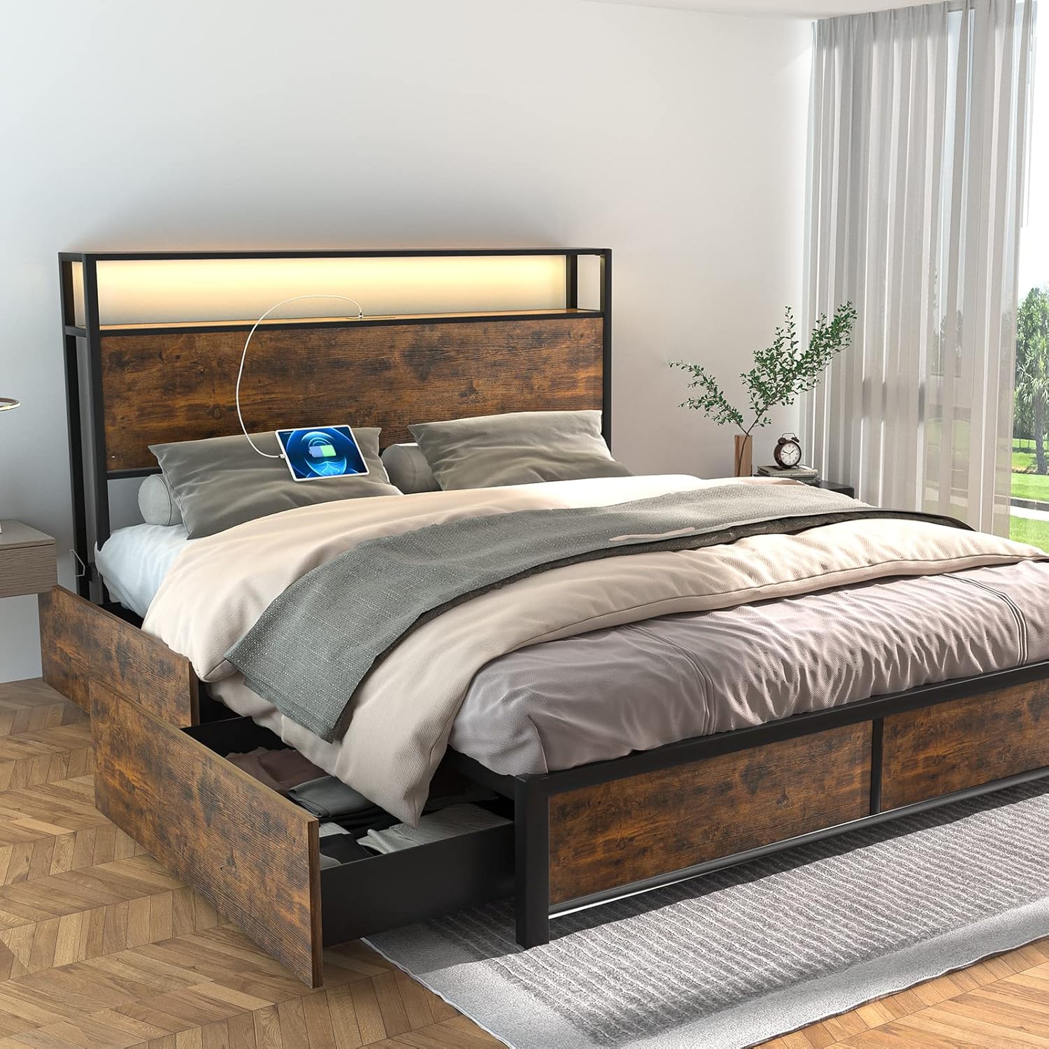 Full/Queen/King Bed Frame with Storage Drawers - Led Lights and Charging Station Metal Bed Frame with Headboard, No Box Spring Platform Bed Frame Wood, Vintage Brown/Brown/Rustic Brown