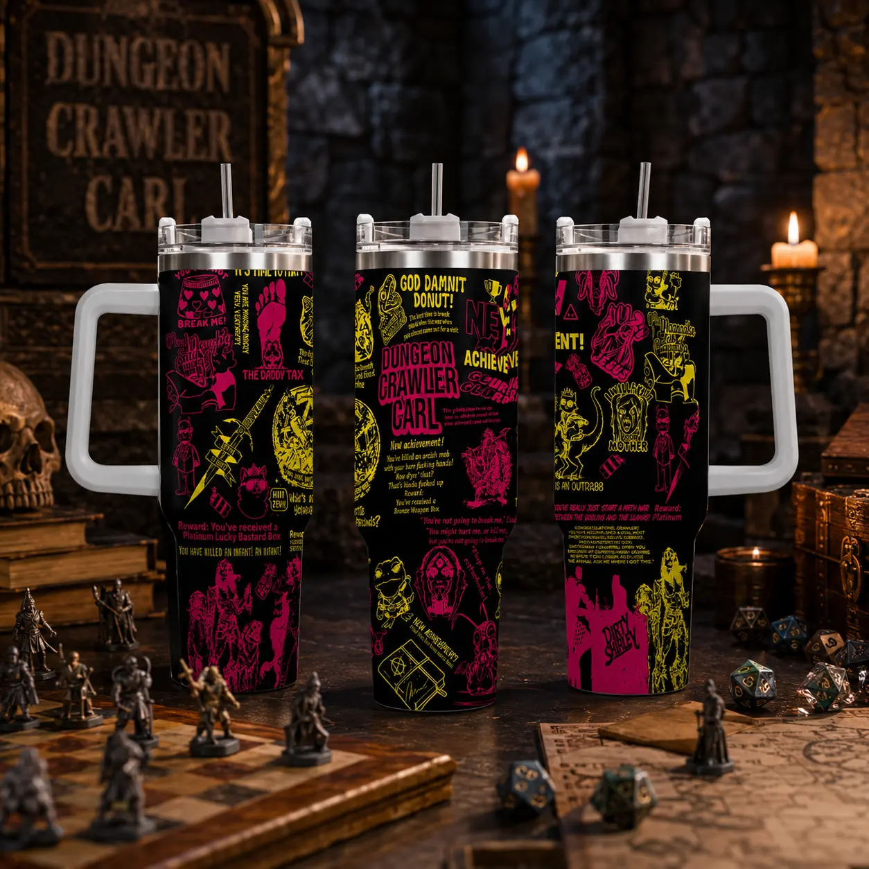 Dungeon Crawler Carl Inspired 40oz Tumbler - Achievement! & The Daddy Tax Neon Doodle Art - Edgy Trashcore Travel Mug with Handle - Funny Princess Donut Style Water Bottle