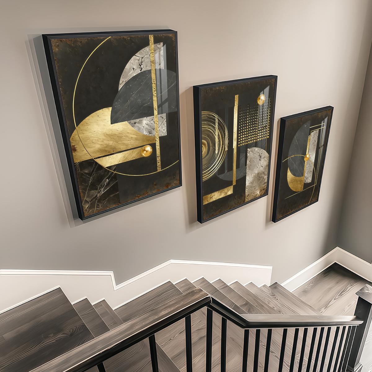 3 Counts Aluminum Alloy Framed Painting, Abstract Geometric Gold And Black Art Pictures, Home Decoration For Living Room, Bedroom, Office, Restaurant, Hallway Wall Decor, Odorless Print Artwork, Luxury Perfect Gift For Friends And Family