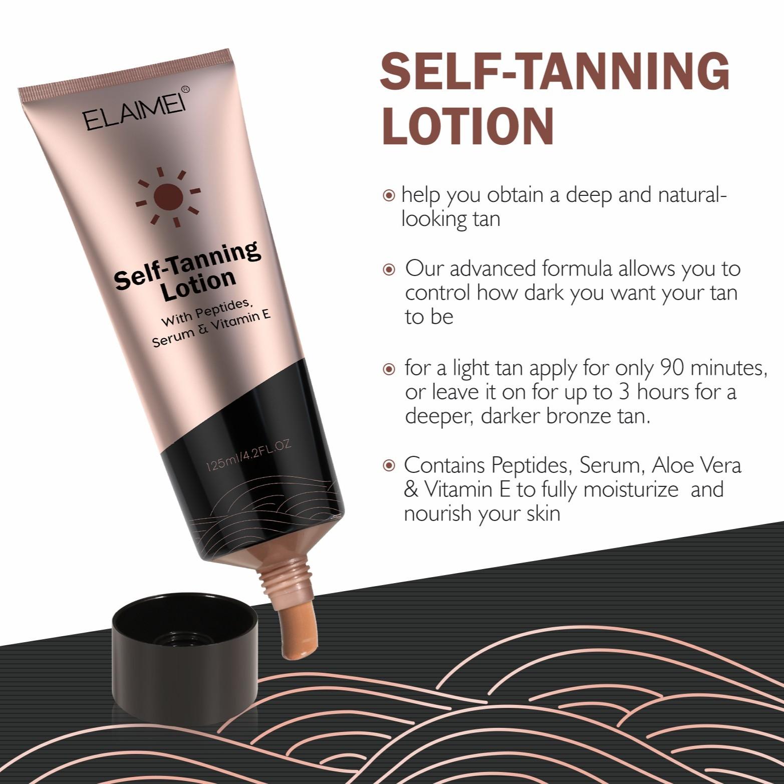 ELAIMEI Self-Tanning Lotion, 125 ml large size, provides quick tanning results and a long-lasting, even, sun-kissed glow that radiates vitality and confidence, making it easy to achieve a beautiful tan.