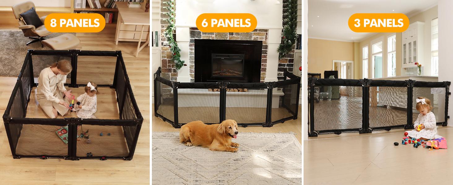 Extra Wide Baby Gate Playpen with Heat-Resistant Mesh,3 Panel Foldable Baby Fence,Indoor/Outdoor Safety Barrier,Dog Playpen & Fireplace Gate