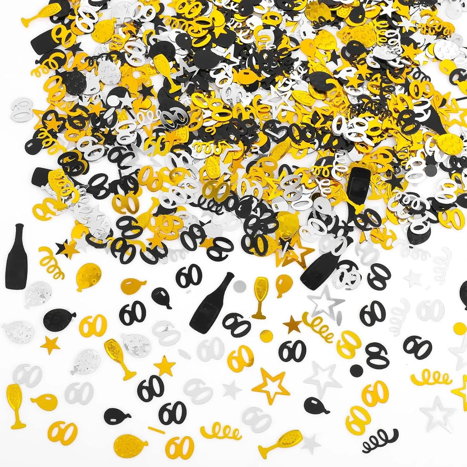 3000 Pieces Number 60 Glitter Birthday Confetti Black Gold Silver Party Decorations Supplies for 60th Birthday Anniversary