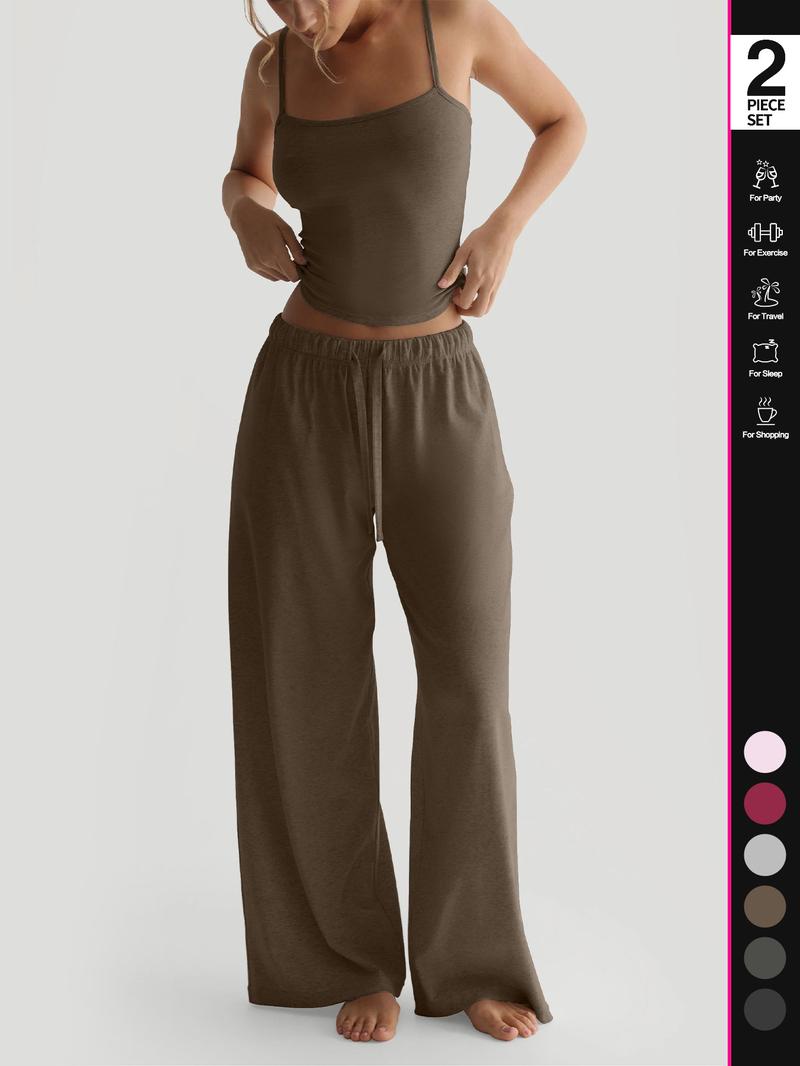 Women's Solid Cami Top & Wide Leg Pants Loungewear, Casual Comfy Pyjama Set for Women, Women's Sleepwear for Summer, Homewear, Pajama Set