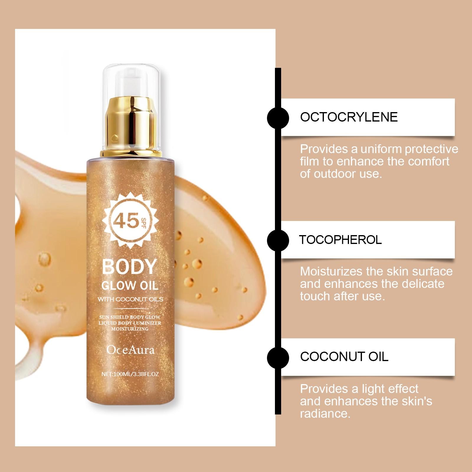 OceAura Coconut Shimmer Protective Body Oil, SPF Sun Protection, Sunscreen Body Oil, Hydrating Moisturizing Body Oils Non-Greasy Shiny Glow Skin Oil for Outdoor Beach Daily Care