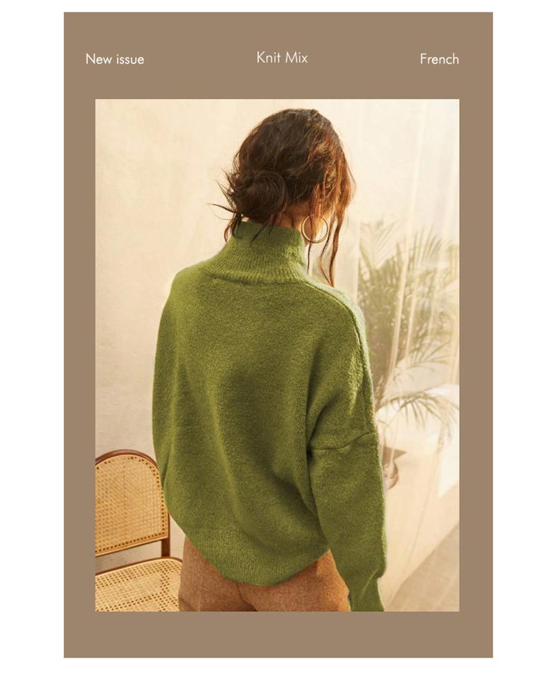 Autumn Winter Women's Knit Sweater High Neck Loose Casual French Style Elegant Simple Solid Color Pullover Long Sleeve Top Autumn Winter Women's Knit Sweater High Neck Loose Casual French Style Elegant Simple Solid Color Pullover Long Sleeve Top