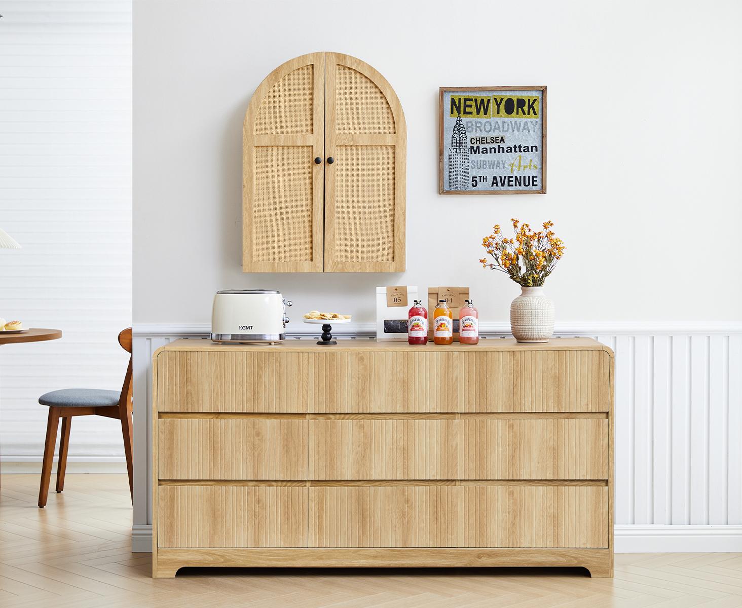 Giratree Modern Fluted 9-Drawer Dresser, 63" Wide Wood Storage Chest with Curved Design, Large Bedroom & Living Room TV Stand