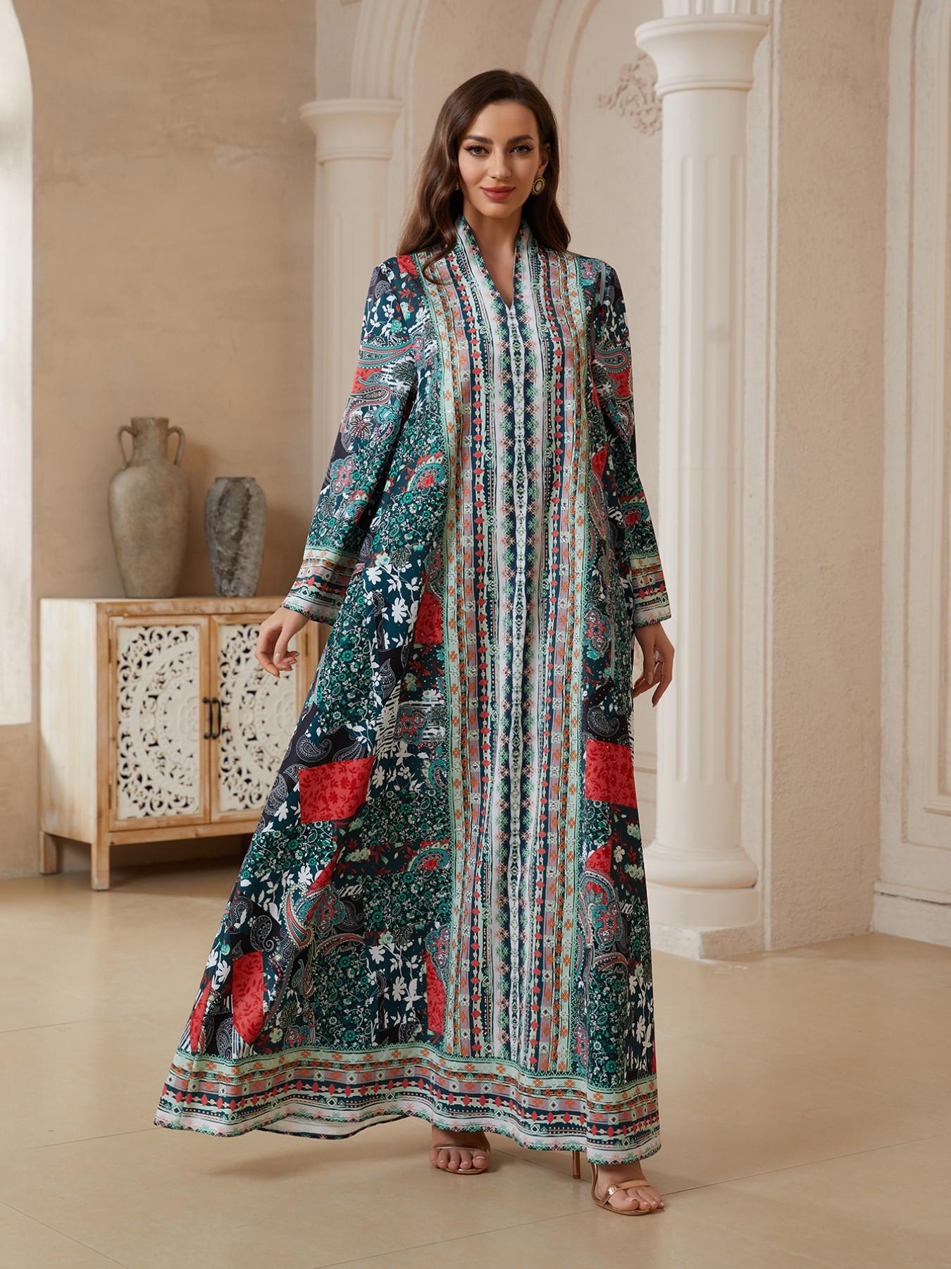 Middle Eastern Ramadan Eid Abaya, Ink Colorblock Cashmere Flower Long Robe, Dubai Style Luxury Kaftan Evening Gown