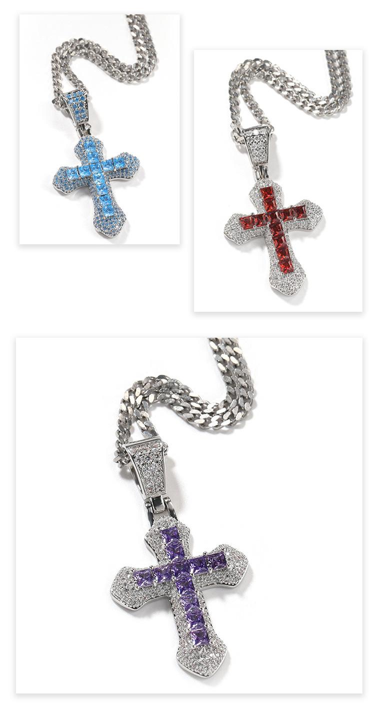 Hip-hop new blue zirconium cross necklace for men, fashionable and versatile heavy-punk sweater chain accessory