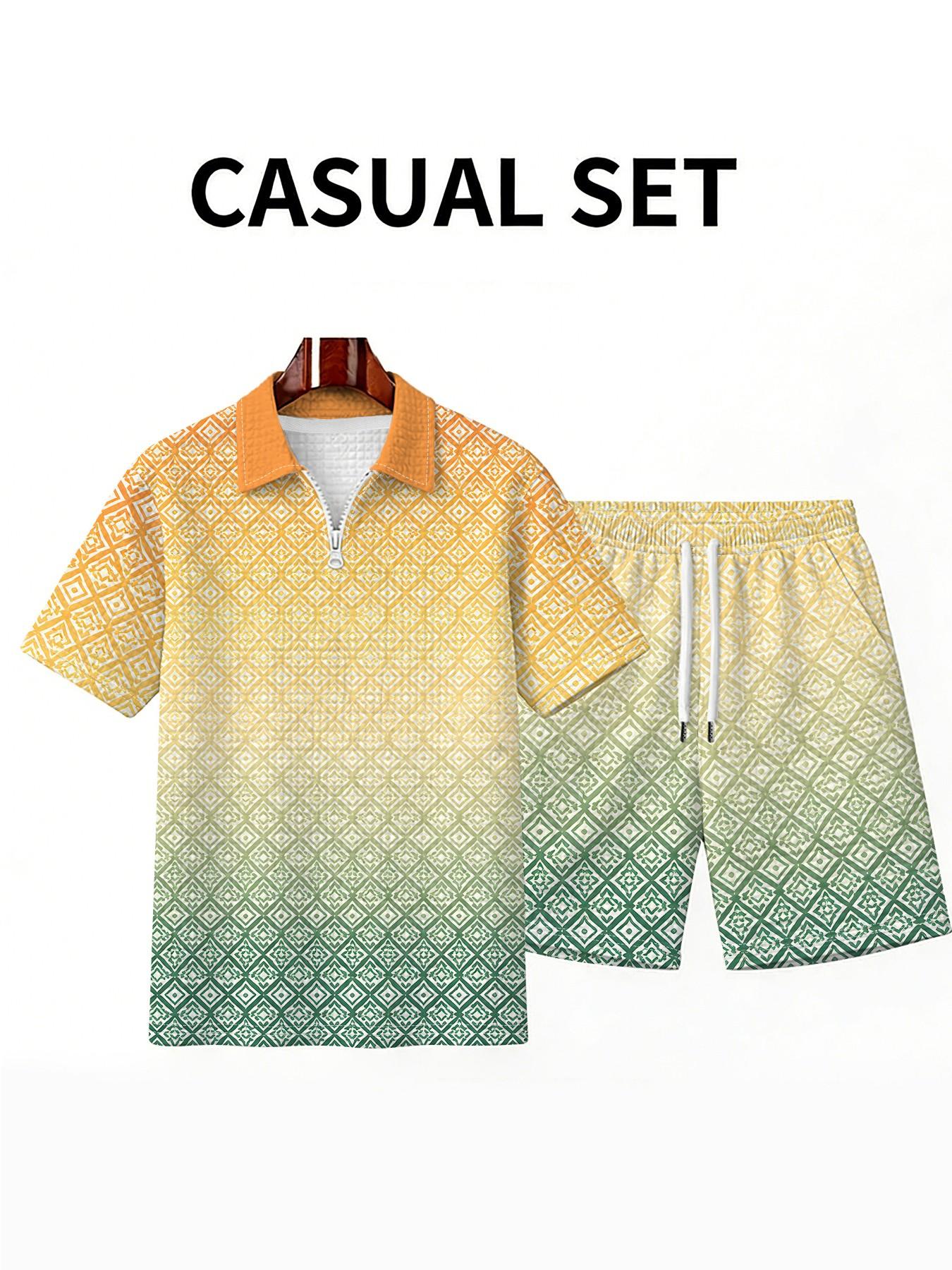 Men's Gradient Plaid Waffle Texture Polo Set, Large Size Zipper Top, Summer Colorblock Casual Daily Wear Two-Piece Set