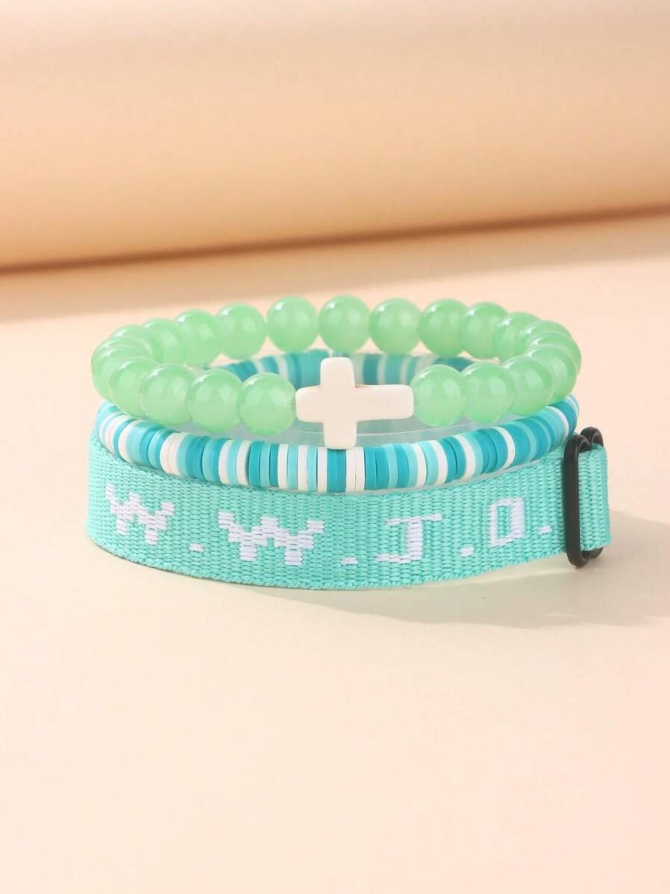 WWJD Beaded Bracelet, Fashionable Cross Charm Decor Bracelet for Women & Men, Trendy All-match & Exquisite Jewelry for Birthday Gift