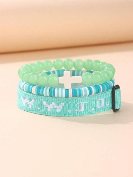 WWJD Beaded Bracelet, Fashionable Cross Charm Decor Bracelet for Women & Men, Trendy All-match & Exquisite Jewelry for Birthday Gift