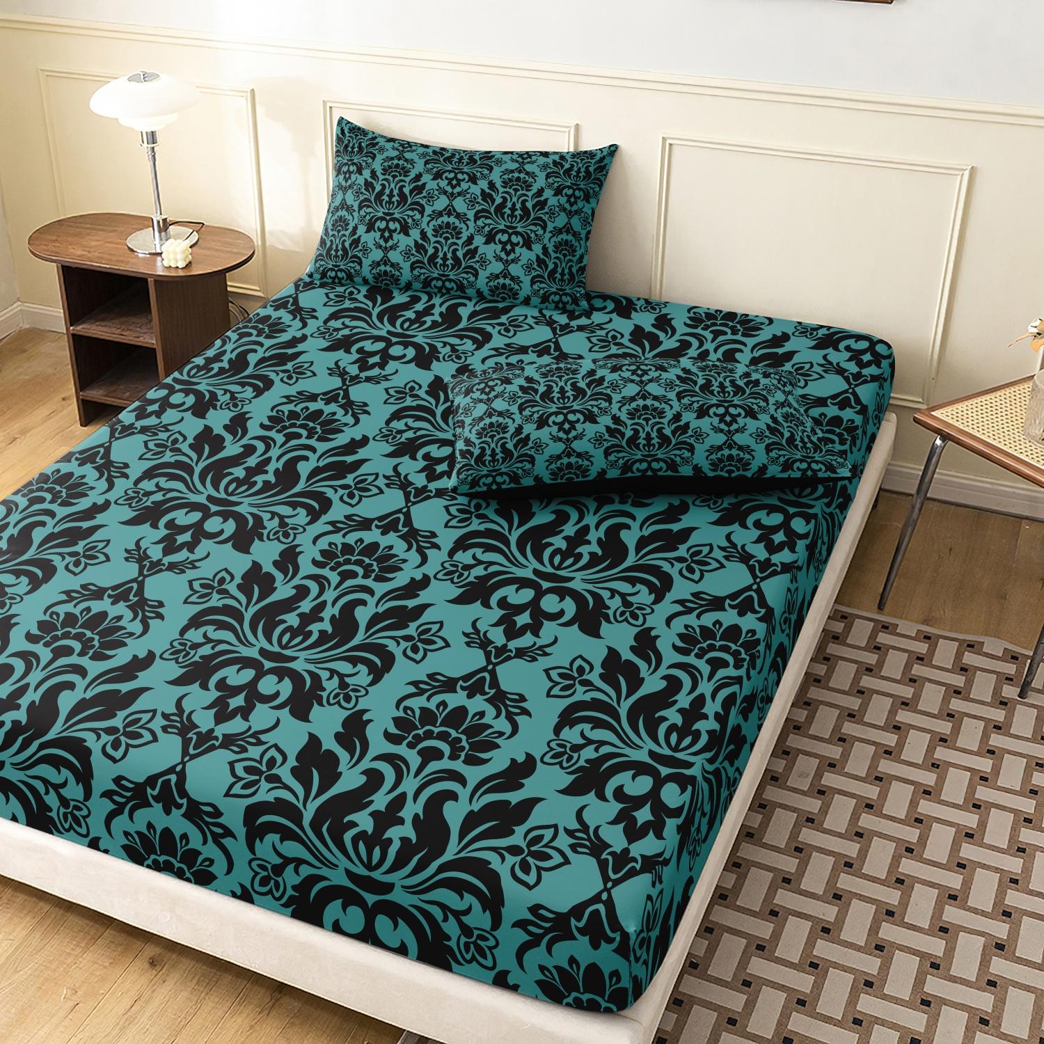 3pcs Fitted Sheet Set (1 Fitted Sheet + 2 Pillowcases, Pillow Core Not Included), Home Dormitory High-Definition Printed Black Pattern Fitted Sheet