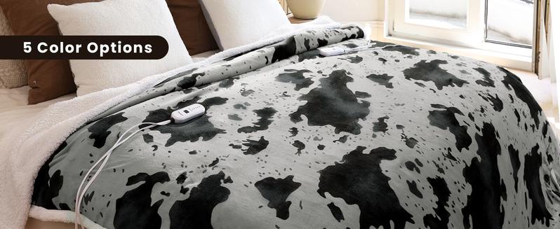 【Best Gift】Blunique Cow-Print Electric Heated Blanket 5 Heat Levels 4-Hour Auto-Off Machine Washable Cozy Household Automatic Shutdown Sherpa Flannel 50x60 Inches