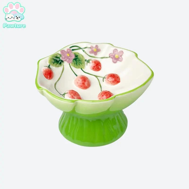 Ceramic Slow Feeder Cat Bowl, Elevated Pet Food Bowl for Cats & Small Dogs, Non-Slip Base, Strawberries Country-Style Design