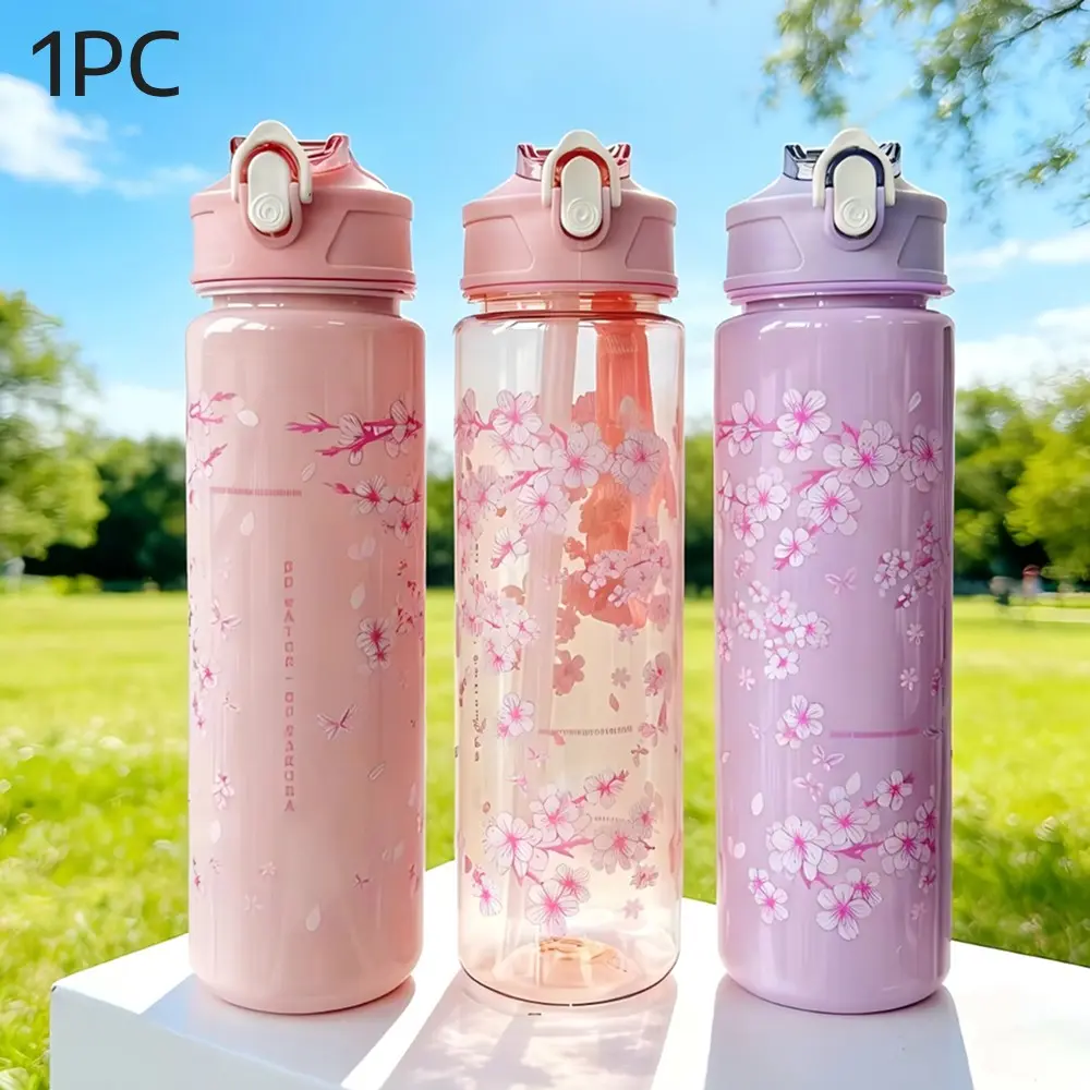 800ml Cherry Blossom Print Plastic Water Bottle, Portable Leak-Proof Flip-Top Cup with Strap, Large Capacity Water Bottle for Women, Sports, Travel & Daily Use, Drinkware