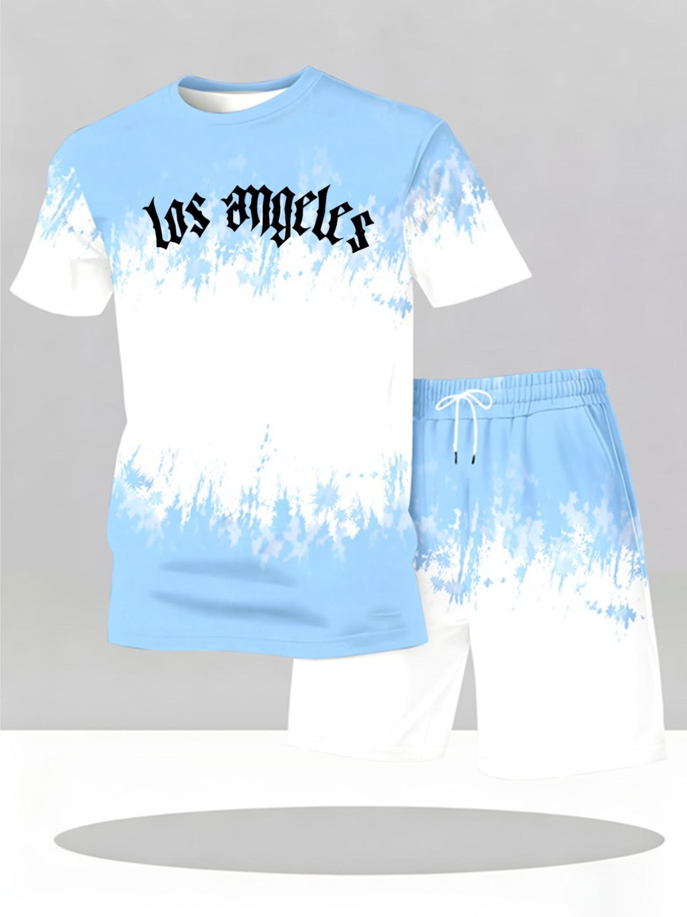 Loose short sleeved Top and shorts set, city English gradient print two-piece set, trendy daily outfit Fashion