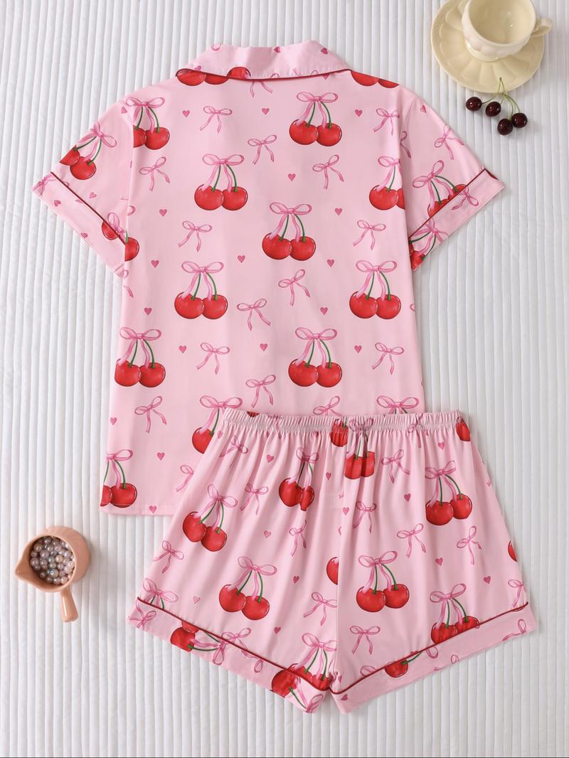 Women's Strawberry & Heart Print Lapel Neck Shirt & Shorts Pyjama Two-piece Set, Ladies Sleepwear for All Seasons, Loungewear