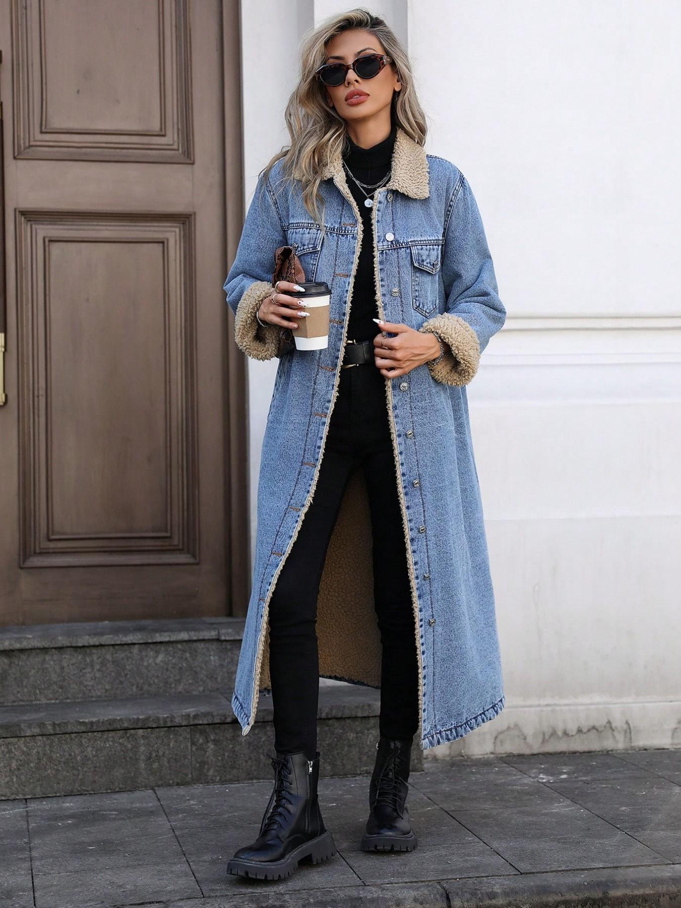 Women's Fall Winter Basic Chic Fashion Long Denim Jacket with Long Sleeves, Elegant Lapel Single Button Fleece Lined Warm Coat, Casual Versatile Outerwear