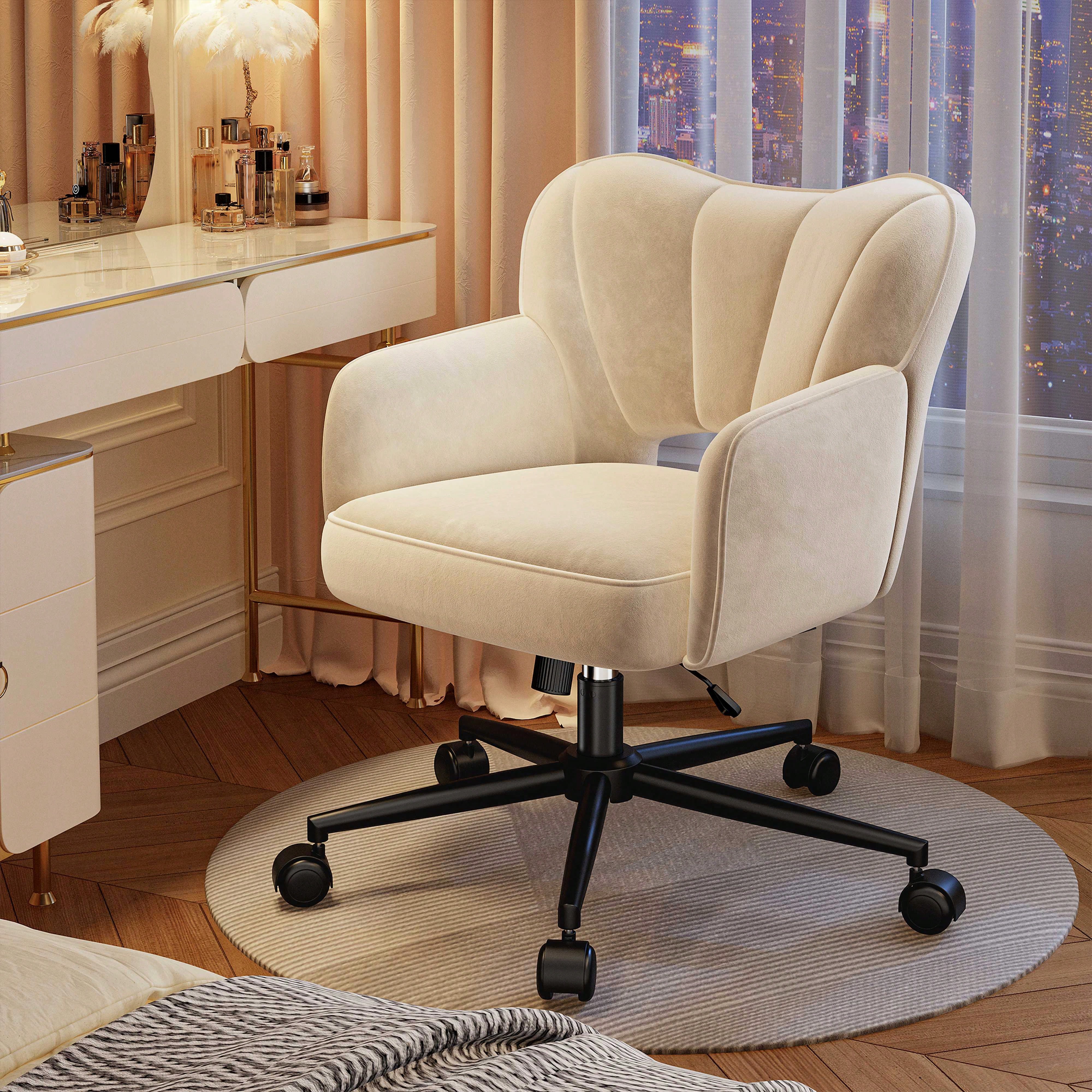 Vanity Swivel Chair with Wheels and Backrest, Adjustable Height Comfy Upholstered Desk Chair, Modern Cute Ergonomic Office Chair, 360° Swivel Leisure Makeup Chair for Bedroom Dressing Room Home Office, Black
