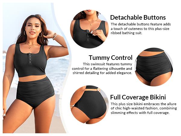 Yonique Plus Size Two Piece Swimsuit - Womens High Waisted Bikini Tummy Control Bathing Suit Ribbed Swimwear