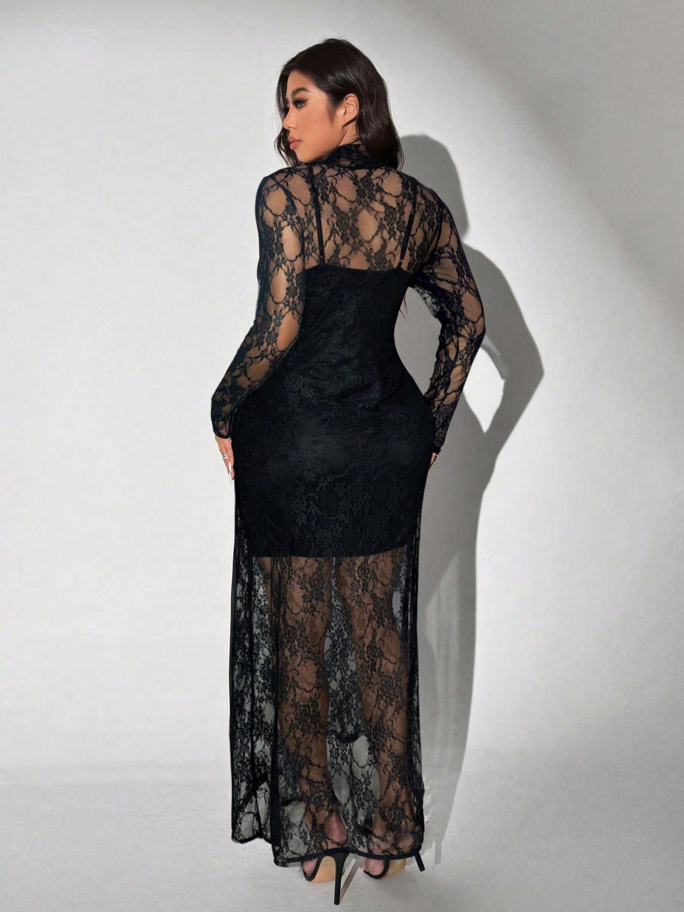 Plus Size Lace Maxi Dress, High Neck Sheer Long Sleeve Bodycon Dress, Curvy Elegant Dress for Night Out, Club and Cocktail Party