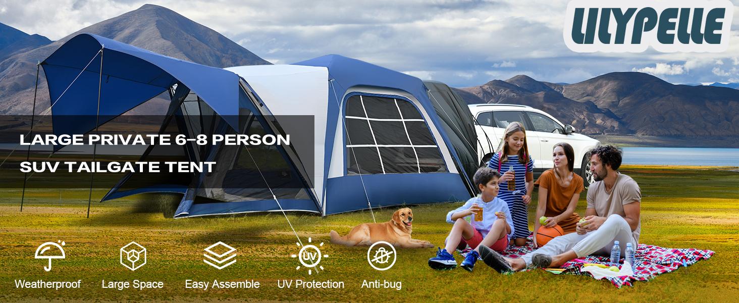 Lilypelle SUV Tent Car Tailgate Tent with Porch for Camping, 6-8 Person 10' x 10' Car Camping Tent, 6' x 7' Screen Room Vestibule Awning Porch