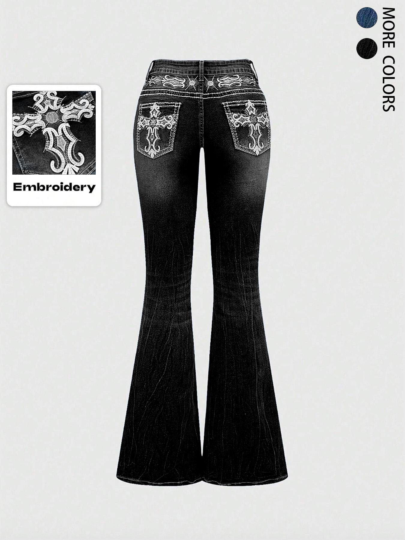 Grunge Punk Y2K Retro Poket Cross Wings Embroidered Flare Leg