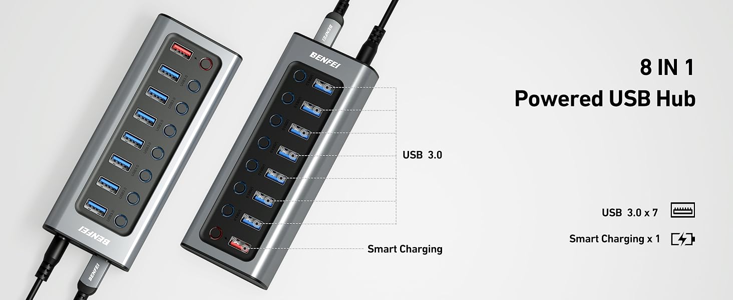 BENFEI Powered USB Hub with 7 Data Transfer Ports+1 Smart Charging Port USB Splitter Individual LED On/Off Switches BENFEI Powered USB Hub with 7 Data Transfer Ports+1 Smart Charging Port USB Splitter Individual LED On/Off Switches