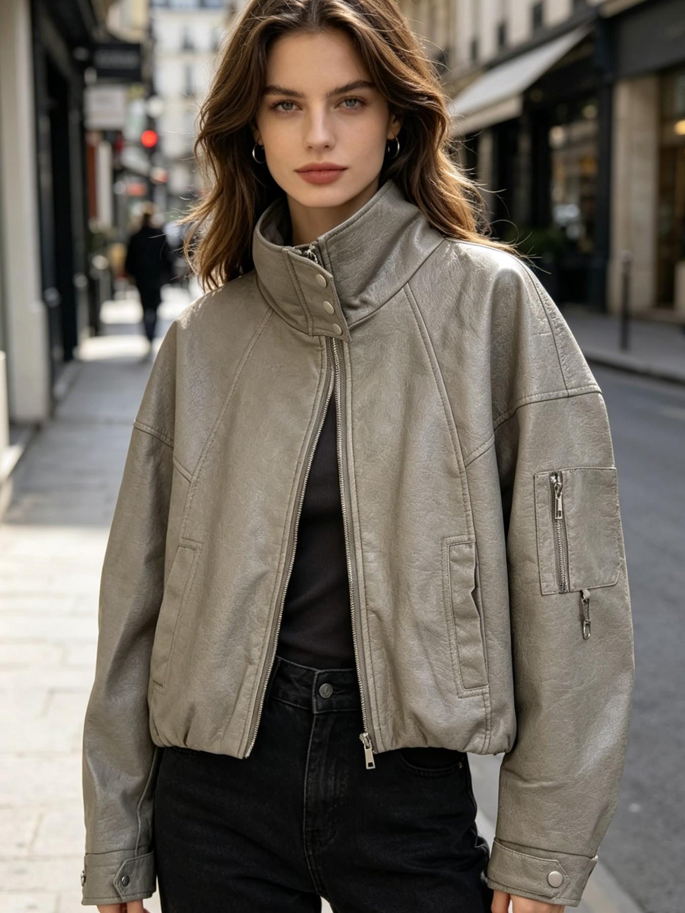 Vintage Stand Collar Zipper Short Motorcycle Jacket for Women, Street Style Loose Fit Outerwear, Casual Long Sleeve Top with Full Placket