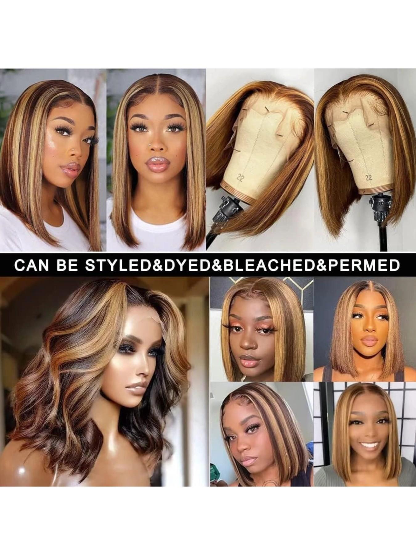 180% Density 13x4 Highlight Ombre Full Lace Frontal Bob Wig Human Hair 12A Brazilian Virgin Human Hair Pre Plucked 4/27 Honey Blonde HD Transparent Lace Glueless Wigs Human Hair